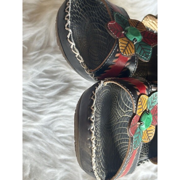 L'Artiste by Spring Step Size 40 Edrea Black Leather Wedge Sandals Floral - Picture 10 of 11